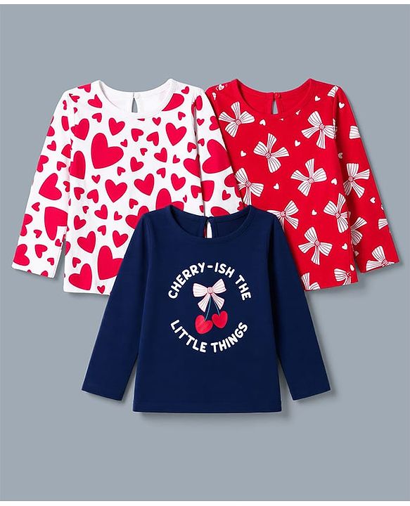 Babyhug 100% Cotton Knit T-Shirts with Full Sleeves and Bows, Hearts & Cherry Print Pack of 3 in Red, White & Navy Blue