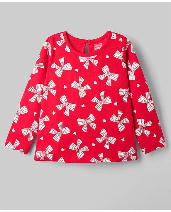 Babyhug 100% Cotton Knit T-Shirts with Full Sleeves and Bows, Hearts & Cherry Print Pack of 3 in Red, White & Navy Blue