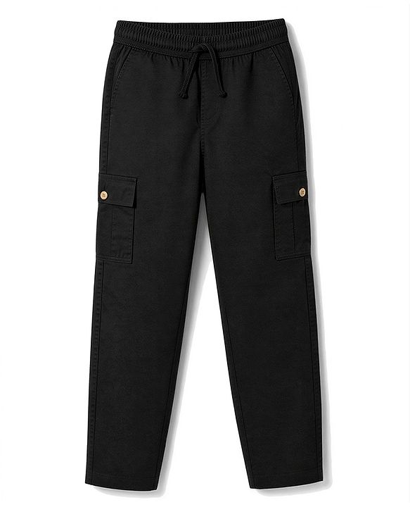 Pine Kids Woven Full Length Solid Colour Trouser with Cargo Pockets - Black