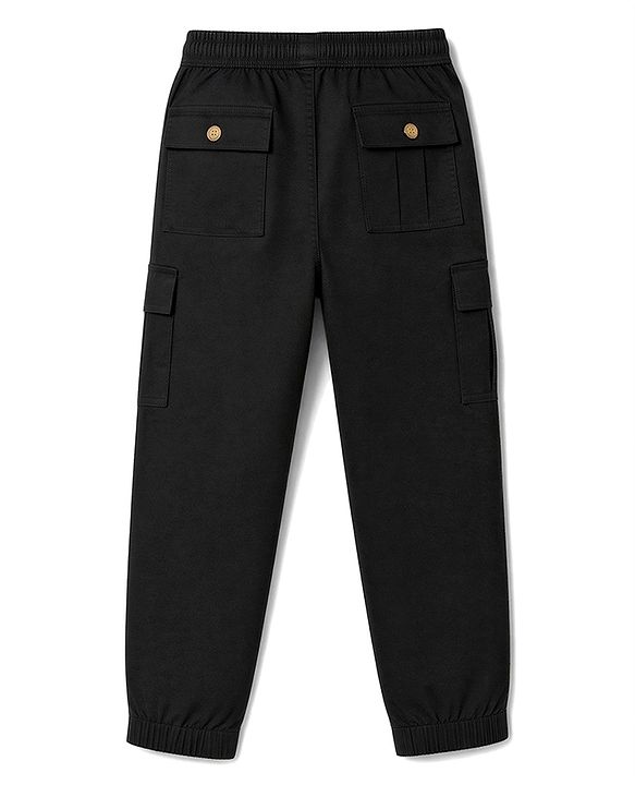 Pine Kids Woven Full Length Solid Colour Trouser with Cargo Pockets - Black