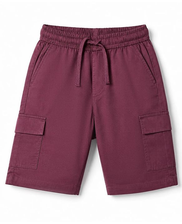 Pine Kids Cotton Elastane Woven Above Knee Length Solid Colour Shorts with Cargo Pockets - Dark Red