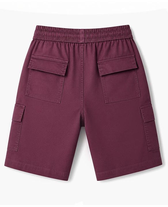 Pine Kids Cotton Elastane Woven Above Knee Length Solid Colour Shorts with Cargo Pockets - Dark Red