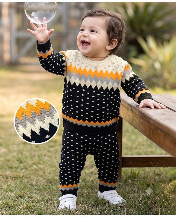 Babyhug Knit Full Raglan Sleeves Chevron Designed Sweater Set - Navy