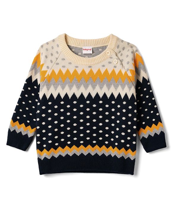 Babyhug Knit Full Raglan Sleeves Chevron Designed Sweater Set - Navy
