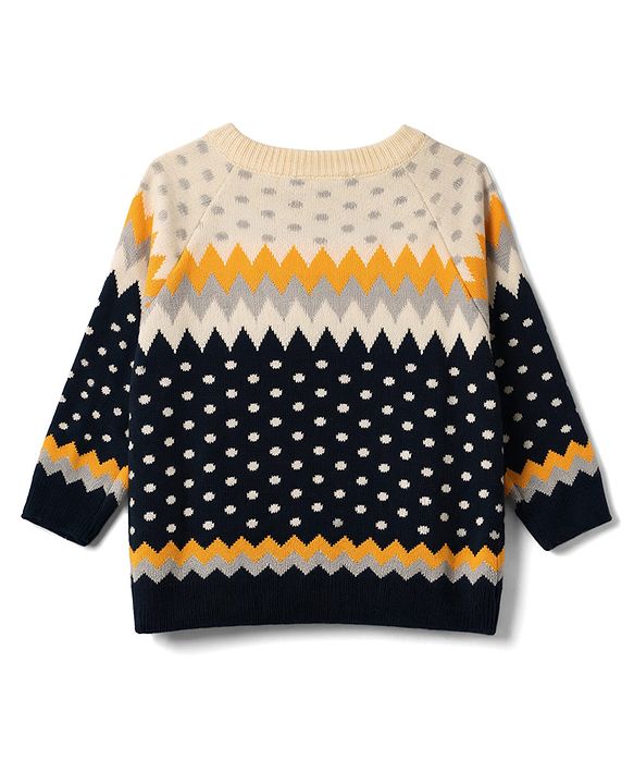 Babyhug Knit Full Raglan Sleeves Chevron Designed Sweater Set - Navy