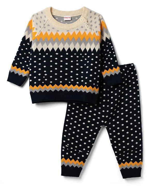 Babyhug Knit Full Raglan Sleeves Chevron Designed Sweater Set - Navy