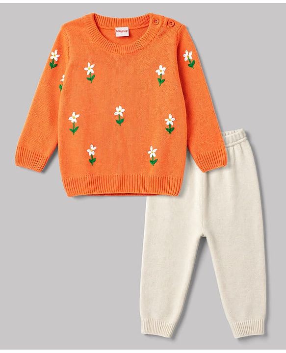 Babyhug Knit Full Sleeves Floral Embroidered Sweater Set - Orange
