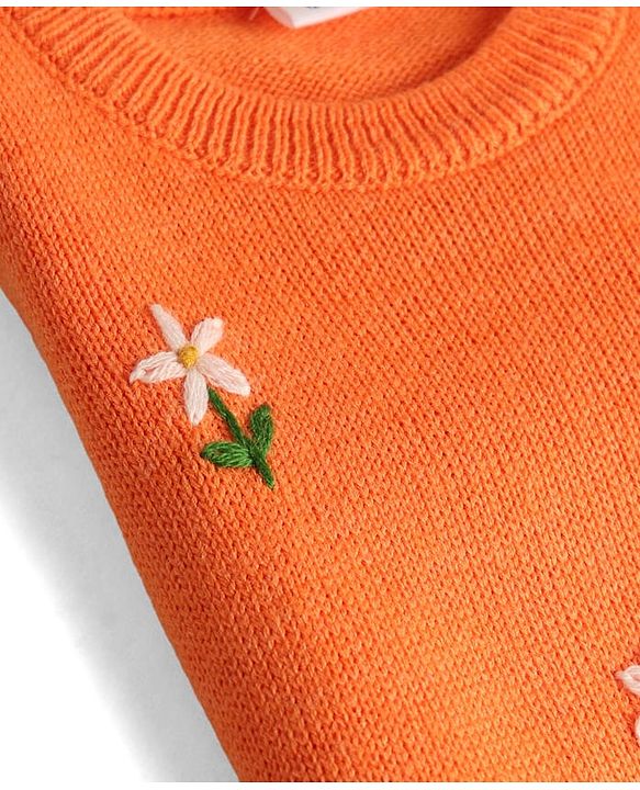 Babyhug Knit Full Sleeves Floral Embroidered Sweater Set - Orange