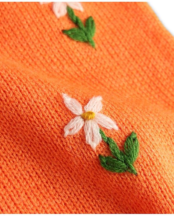 Babyhug Knit Full Sleeves Floral Embroidered Sweater Set - Orange