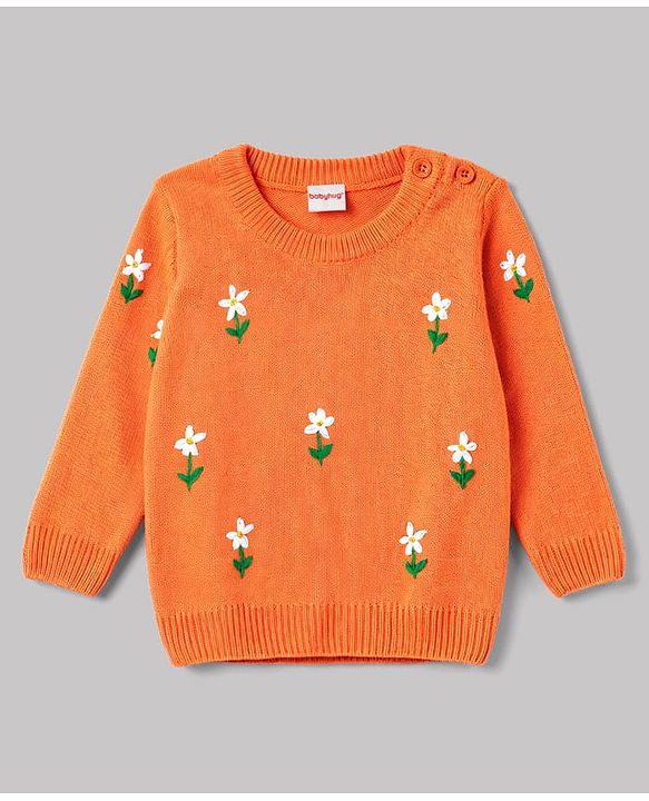 Babyhug Knit Full Sleeves Floral Embroidered Sweater Set - Orange