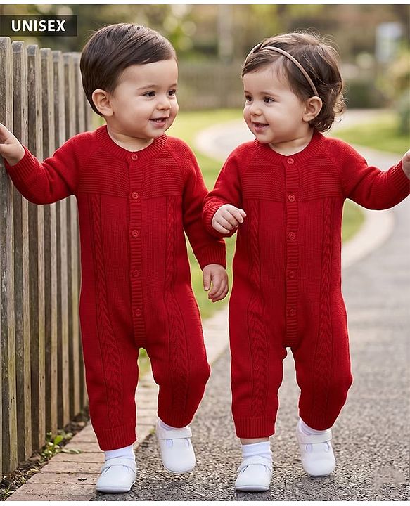 Babyhug Knitted Raglan Sleeves Winter Wear Romper - Red