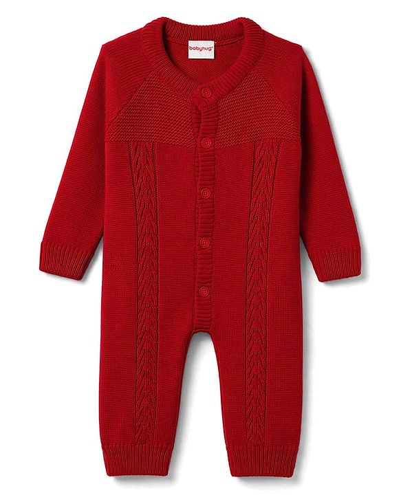 Babyhug Knitted Raglan Sleeves Winter Wear Romper - Red