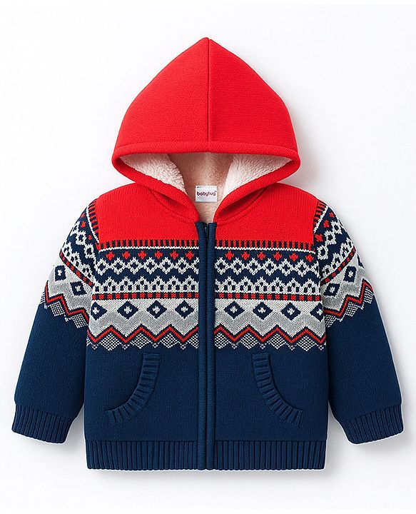 Babyhug Knit Full Sleeves Hooded Sweater With Design - Orange