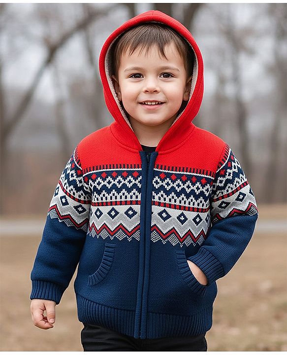 Babyhug Knit Full Sleeves Hooded Sweater With Design - Orange