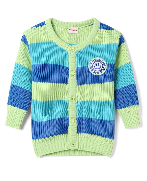 Babyhug Knit Full Sleeves Front Open Striped Sweater - Blue
