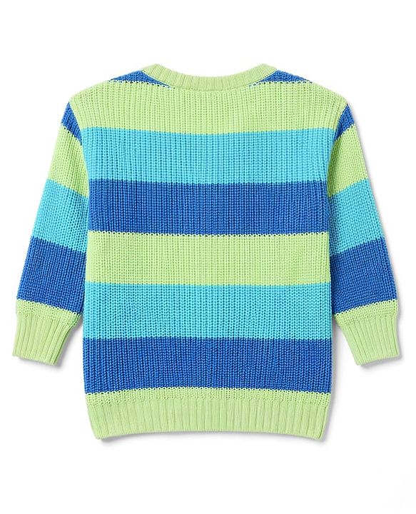 Babyhug Knit Full Sleeves Front Open Striped Sweater - Blue