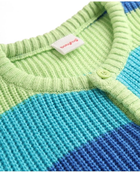 Babyhug Knit Full Sleeves Front Open Striped Sweater - Blue