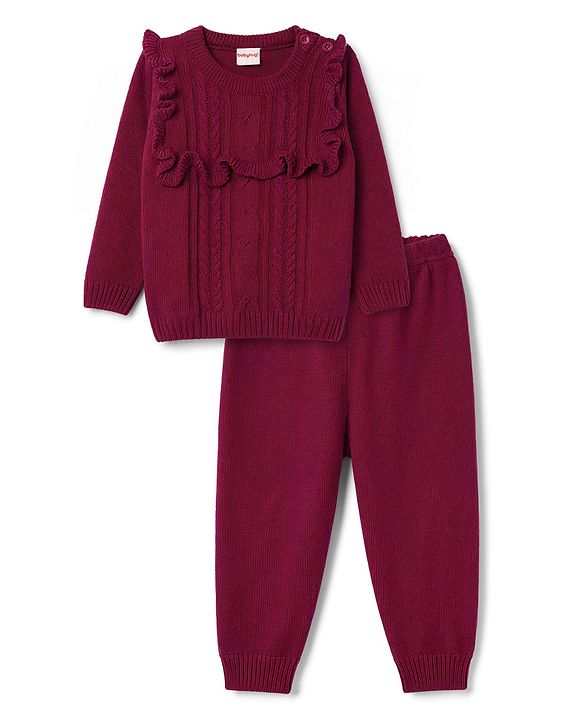 Babyhug Knit Full Sleeves Solid Colour Cable Knit Designed Sweater Set - Wine