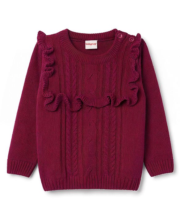 Babyhug Knit Full Sleeves Solid Colour Cable Knit Designed Sweater Set - Wine