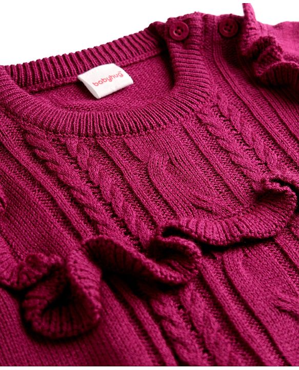 Babyhug Knit Full Sleeves Solid Colour Cable Knit Designed Sweater Set - Wine