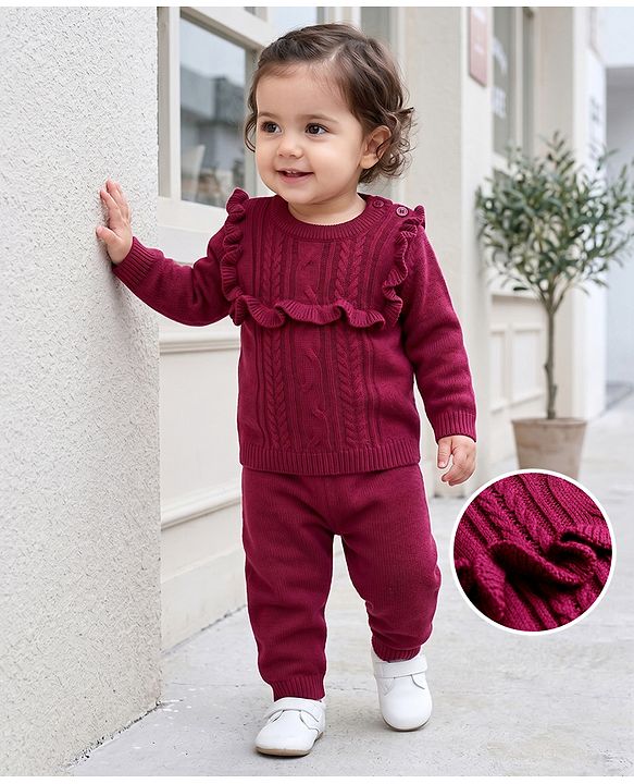Babyhug Knit Full Sleeves Solid Colour Cable Knit Designed Sweater Set - Wine