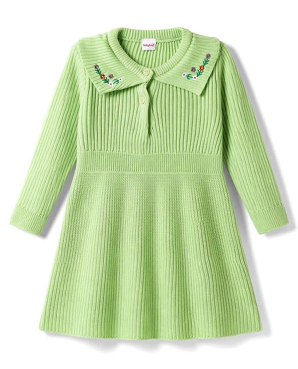 Babyhug Knit Full Sleeves Woollen Dress With Floral Embroidery - Lime Green