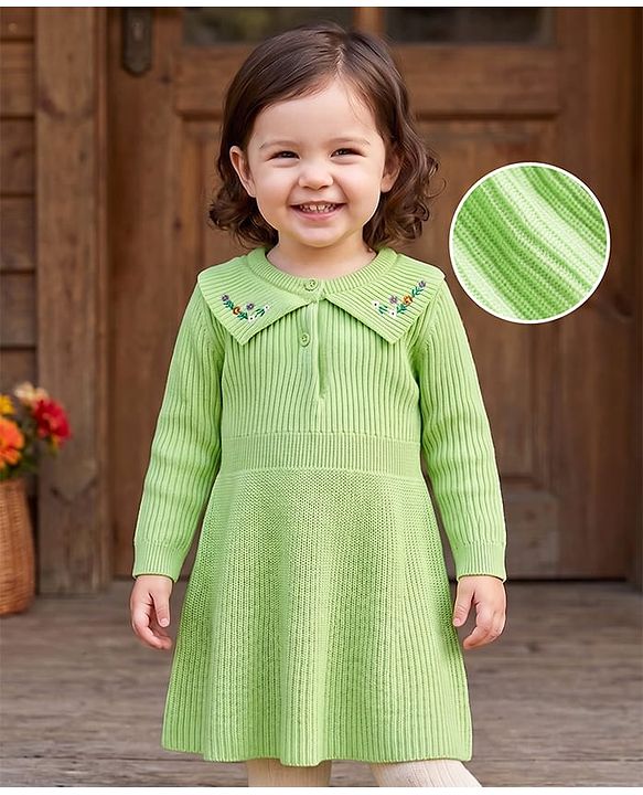 Babyhug Knit Full Sleeves Woollen Dress With Floral Embroidery - Lime Green