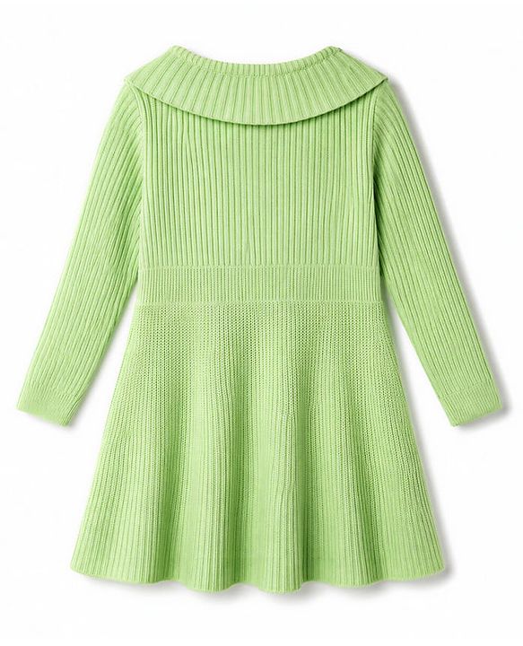 Babyhug Knit Full Sleeves Woollen Dress With Floral Embroidery - Lime Green