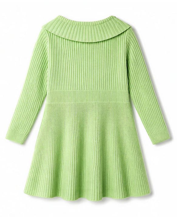Babyhug Knit Full Sleeves Woollen Dress With Floral Embroidery - Lime Green