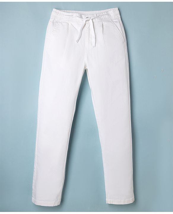 Pine Kids Cotton Elastane Woven Full Length Solid Pants - White