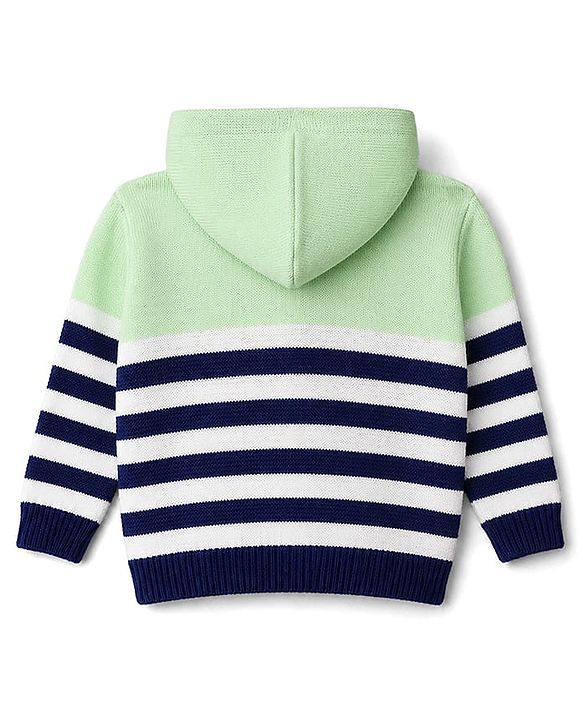 Babyhug Knitted Full Sleeves Striped Hooded Sweater Set - Green & Navy Blue