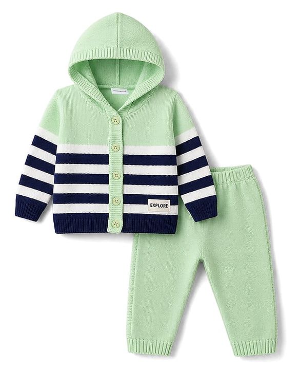 Babyhug Knitted Full Sleeves Striped Hooded Sweater Set - Green & Navy Blue