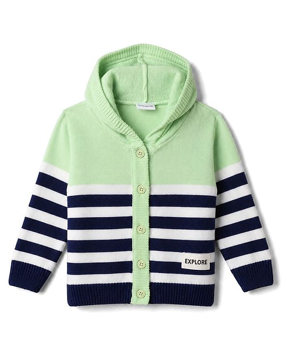 Babyhug Knitted Full Sleeves Striped Hooded Sweater Set - Green & Navy Blue