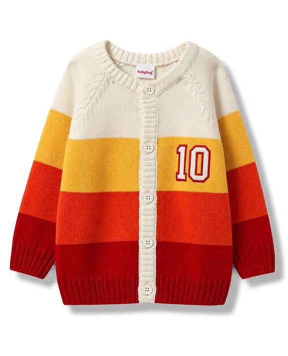 Babyhug Knit Raglan Full Sleeves Striped Sweater With Embroidery - Multicolor