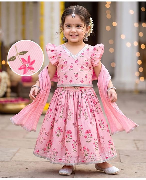 Babyhug 100% Cotton Cambric Woven Half Frill Sleeves Floral Printed & Sequinned Choli Lahenga & Dupatta Set - PInk