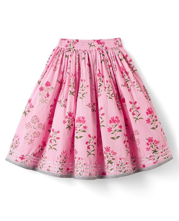 Babyhug 100% Cotton Cambric Woven Half Frill Sleeves Floral Printed & Sequinned Choli Lahenga & Dupatta Set - PInk