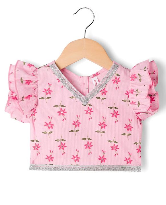 Babyhug 100% Cotton Cambric Woven Half Frill Sleeves Floral Printed & Sequinned Choli Lahenga & Dupatta Set - PInk