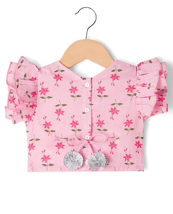 Babyhug 100% Cotton Cambric Woven Half Frill Sleeves Floral Printed & Sequinned Choli Lahenga & Dupatta Set - PInk