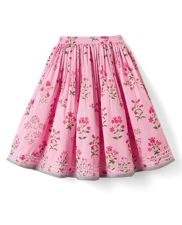 Babyhug 100% Cotton Cambric Woven Half Frill Sleeves Floral Printed & Sequinned Choli Lahenga & Dupatta Set - PInk