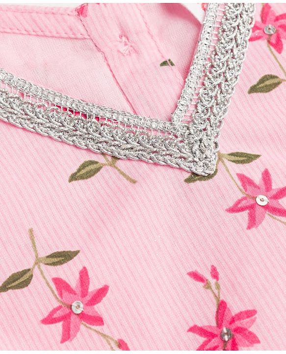 Babyhug 100% Cotton Cambric Woven Half Frill Sleeves Floral Printed & Sequinned Choli Lahenga & Dupatta Set - PInk