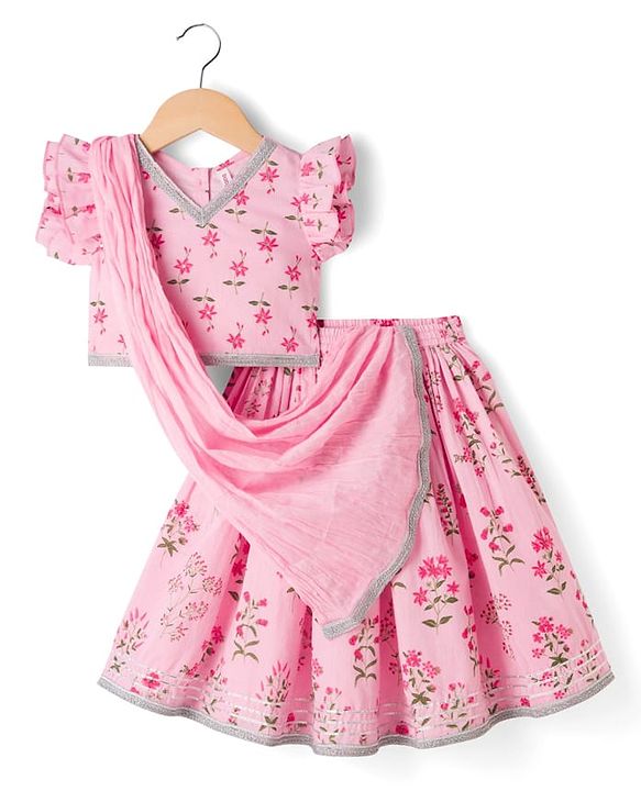 Babyhug 100% Cotton Cambric Woven Half Frill Sleeves Floral Printed & Sequinned Choli Lahenga & Dupatta Set - PInk