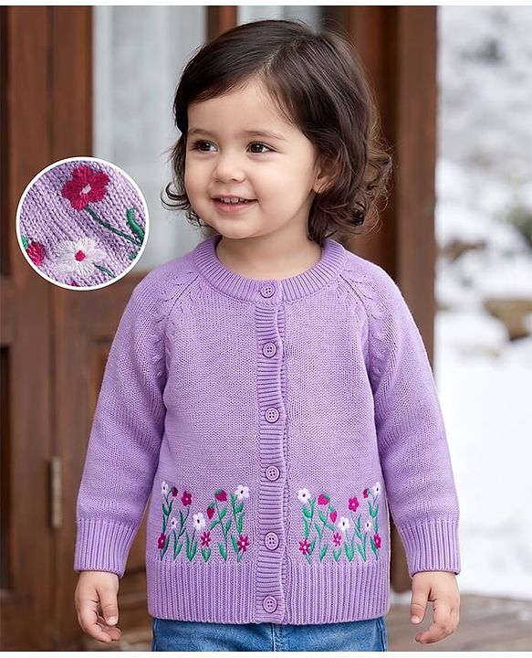 Babyhug Knit Raglan Half Sleeves Floral Embroidered Front Open Sweater - Lavender