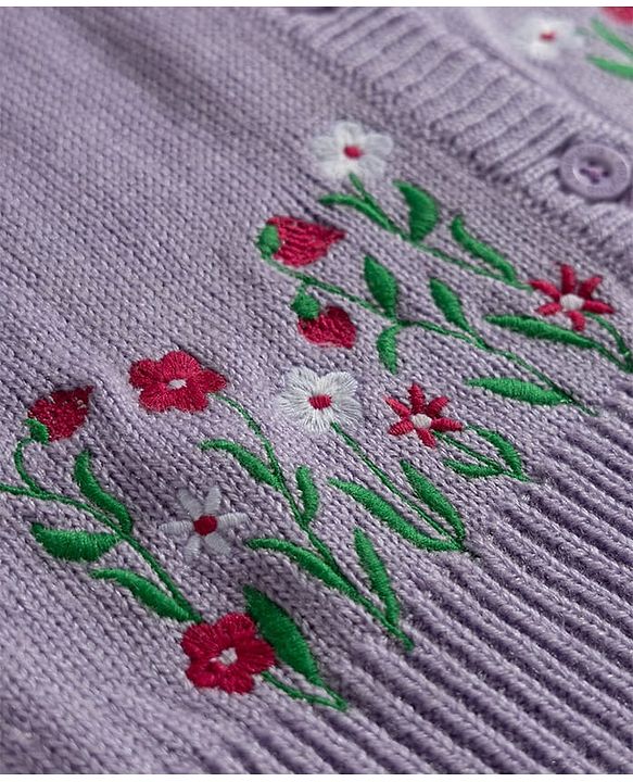 Babyhug Knit Raglan Half Sleeves Floral Embroidered Front Open Sweater - Lavender