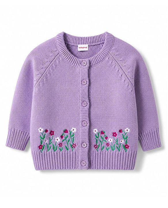 Babyhug Knit Raglan Half Sleeves Floral Embroidered Front Open Sweater - Lavender