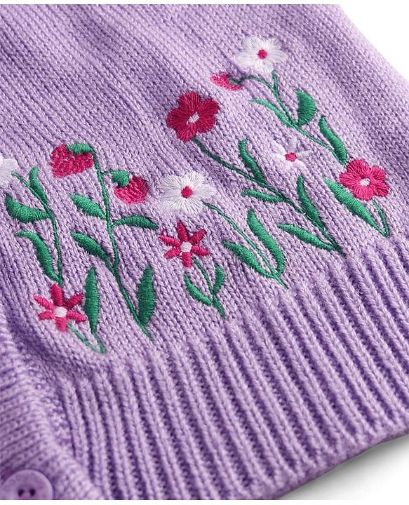 Babyhug Knit Raglan Half Sleeves Floral Embroidered Front Open Sweater - Lavender