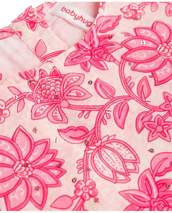 Babyhug 100% Cotton Woven Half Flutter Sleeves Floral Printed Lehenga Choli Set With Dupatta - Pink
