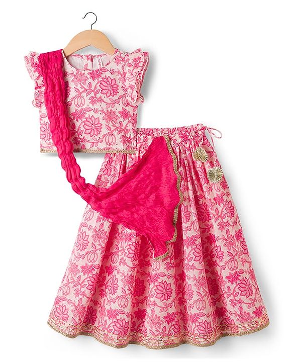 Babyhug 100% Cotton Woven Half Flutter Sleeves Floral Printed Lehenga Choli Set With Dupatta - Pink