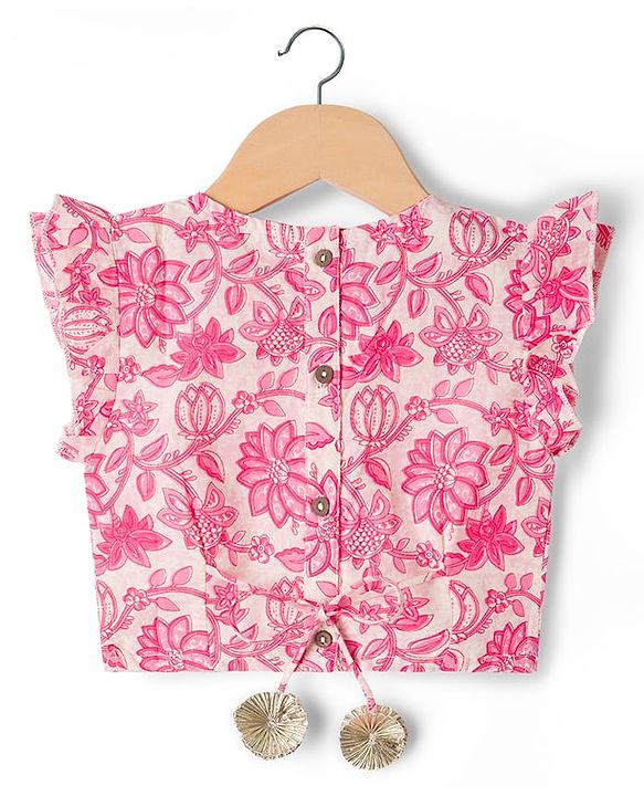 Babyhug 100% Cotton Woven Half Flutter Sleeves Floral Printed Lehenga Choli Set With Dupatta - Pink