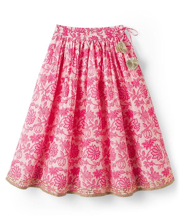 Babyhug 100% Cotton Woven Half Flutter Sleeves Floral Printed Lehenga Choli Set With Dupatta - Pink