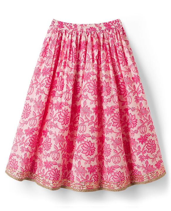 Babyhug 100% Cotton Woven Half Flutter Sleeves Floral Printed Lehenga Choli Set With Dupatta - Pink